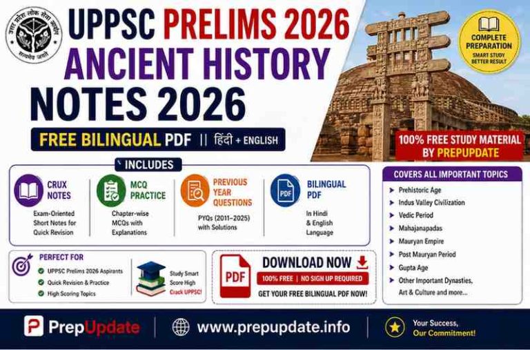 UPPSC Prelims Ancient History Notes 2026 (Free Bilingual PDF): Crux + MCQ + PYQ