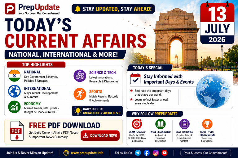 13 July 2026 Current Affairs in Hindi & English | Daily Current Affairs, MCQs & UPSC Questions
