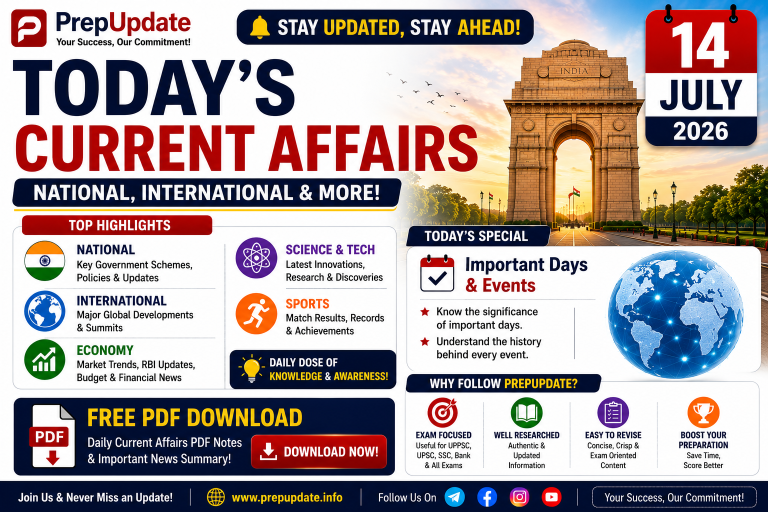 14 July 2026 Current Affairs in Hindi & English | Daily Current Affairs, MCQs & UPSC Questions
