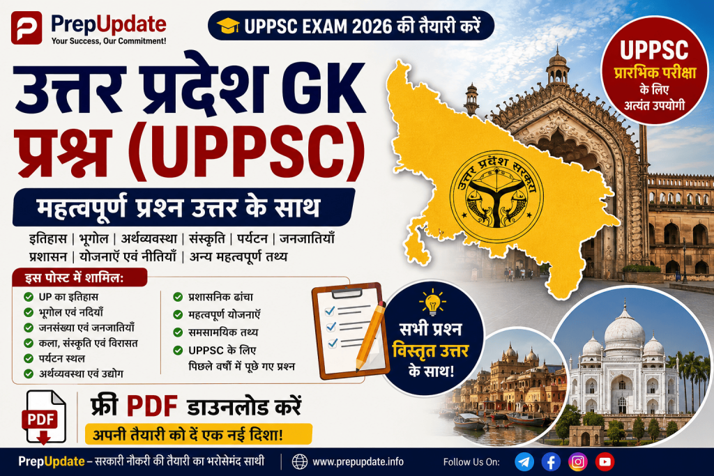 Uttar Pradesh GK Questions for UPPSC | 50 MCQs with Answers (Hindi & English)