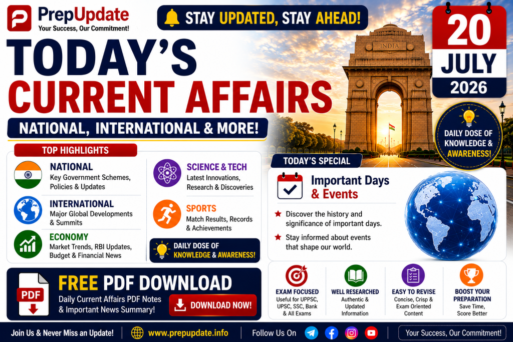 20 July 2026 Current Affairs in Hindi & English | Daily Current Affairs, MCQs & UPSC Questions