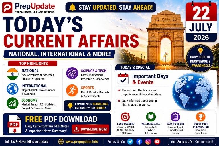 22 July 2026 Current Affairs in Hindi & English | Daily Current Affairs, MCQs & UPSC Questions