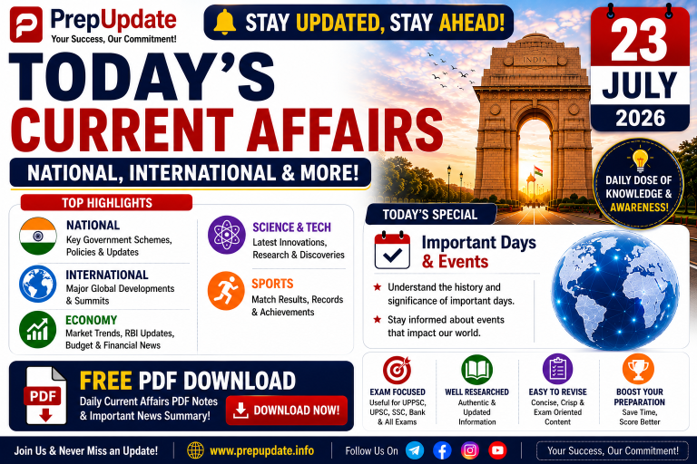 23 July 2026 Current Affairs in Hindi & English | Daily Current Affairs, MCQs & UPSC Questions