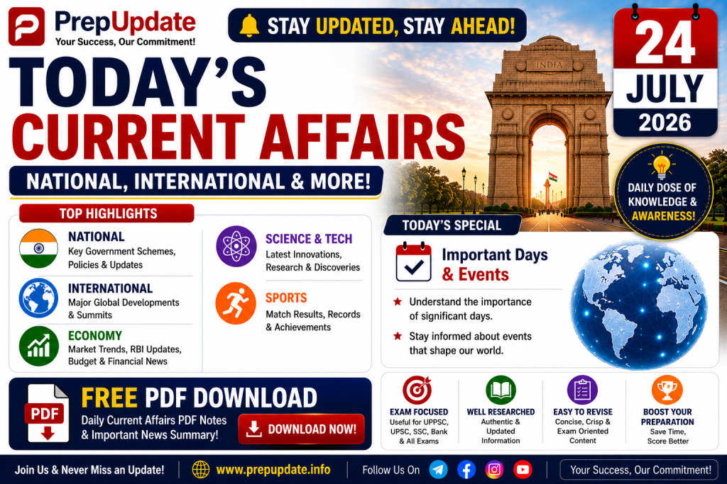 24 July 2026 Current Affairs in Hindi & English | UPSC, SSC, Banking, Railway Daily Current Affairs & MCQs