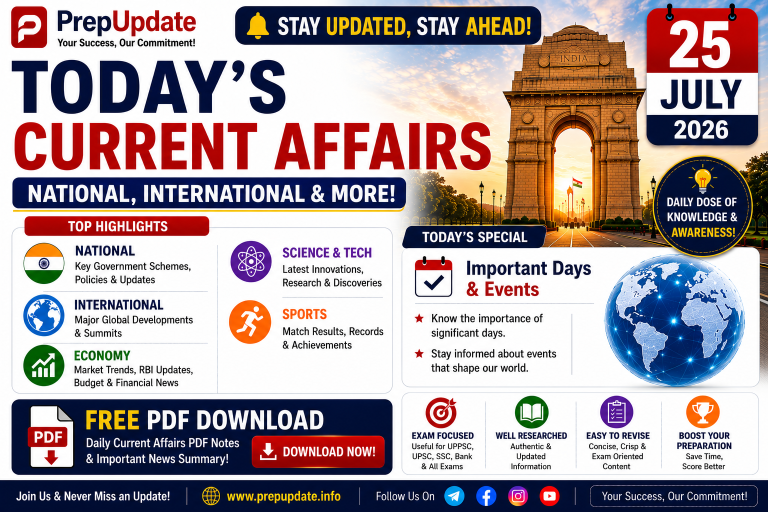 25 July 2026 Current Affairs in Hindi & English | UPSC, SSC, Banking, Railway Daily Current Affairs & MCQs