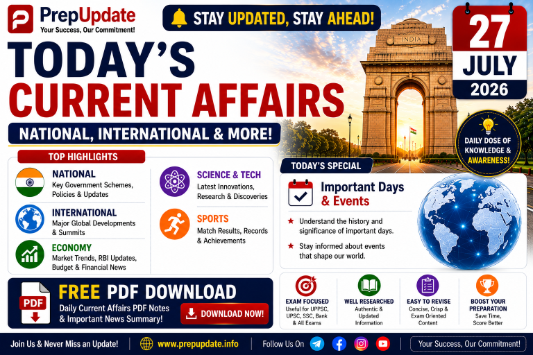 27 July 2026 Current Affairs in Hindi & English | UPSC, SSC, Banking, Railway Daily Current Affairs, MCQs & PDF