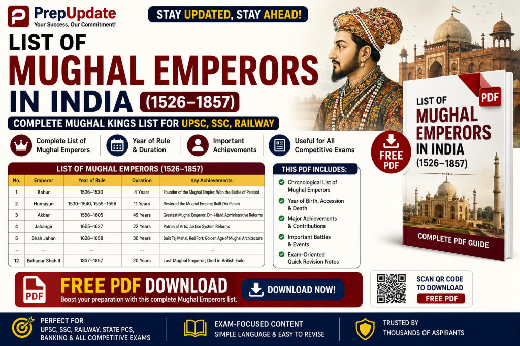List of Mughal Emperors in India PDF (1526–1857) | Complete Mughal Kings List for UPSC, SSC, Railway