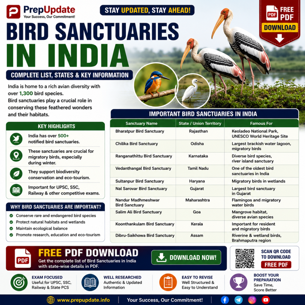 Bird Sanctuaries in India PDF | State-wise List, Map & Important Facts for UPSC, SSC