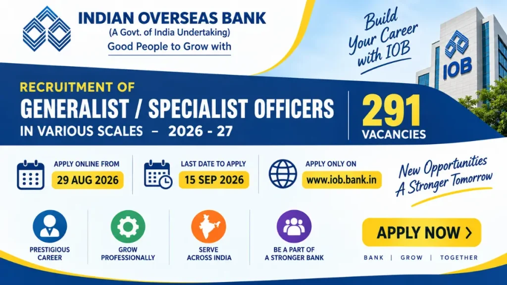 IOB Bank SO Recruitment 2026 – Apply Online for 291 Generalist & Specialist Officer Posts