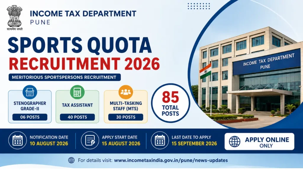 Income Tax Pune Sports Quota Recruitment 2026: Notification Out for MTS, Tax Assistant & Steno Posts
