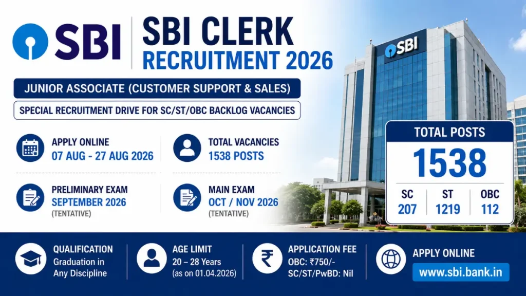 SBI Clerk Recruitment 2026 – Apply Online for 1538 Junior Associate Posts