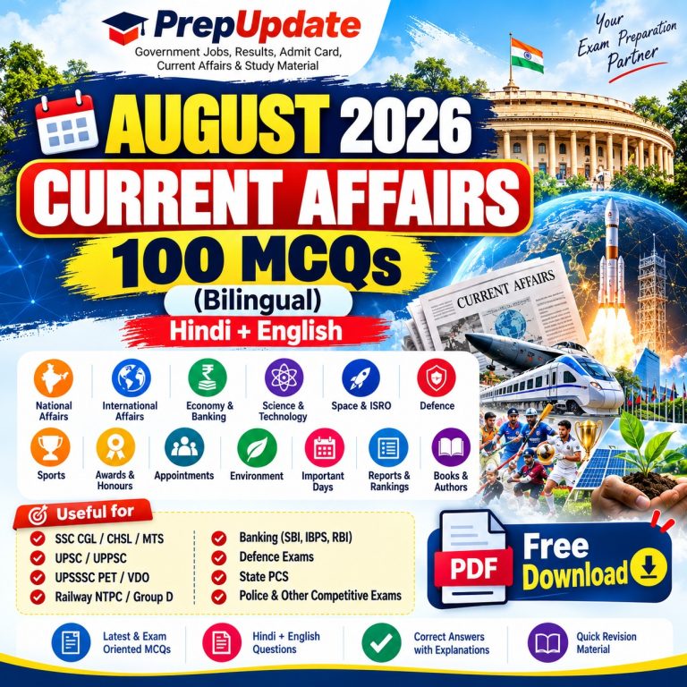 August 2026 Current Affairs 100 MCQs (Bilingual) – Hindi & English PDF